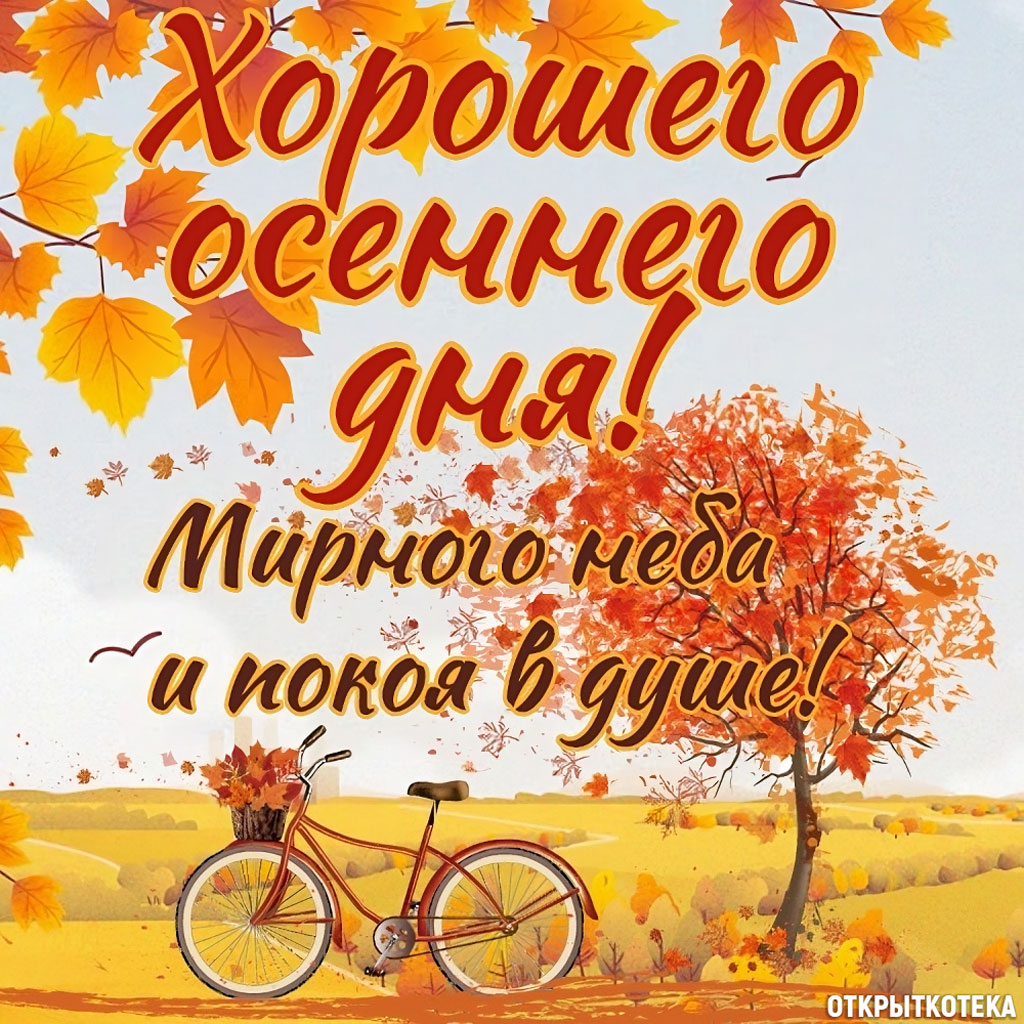 Открытка Хорошего осеннего дня с пожеланием, осенние листья, велосипед