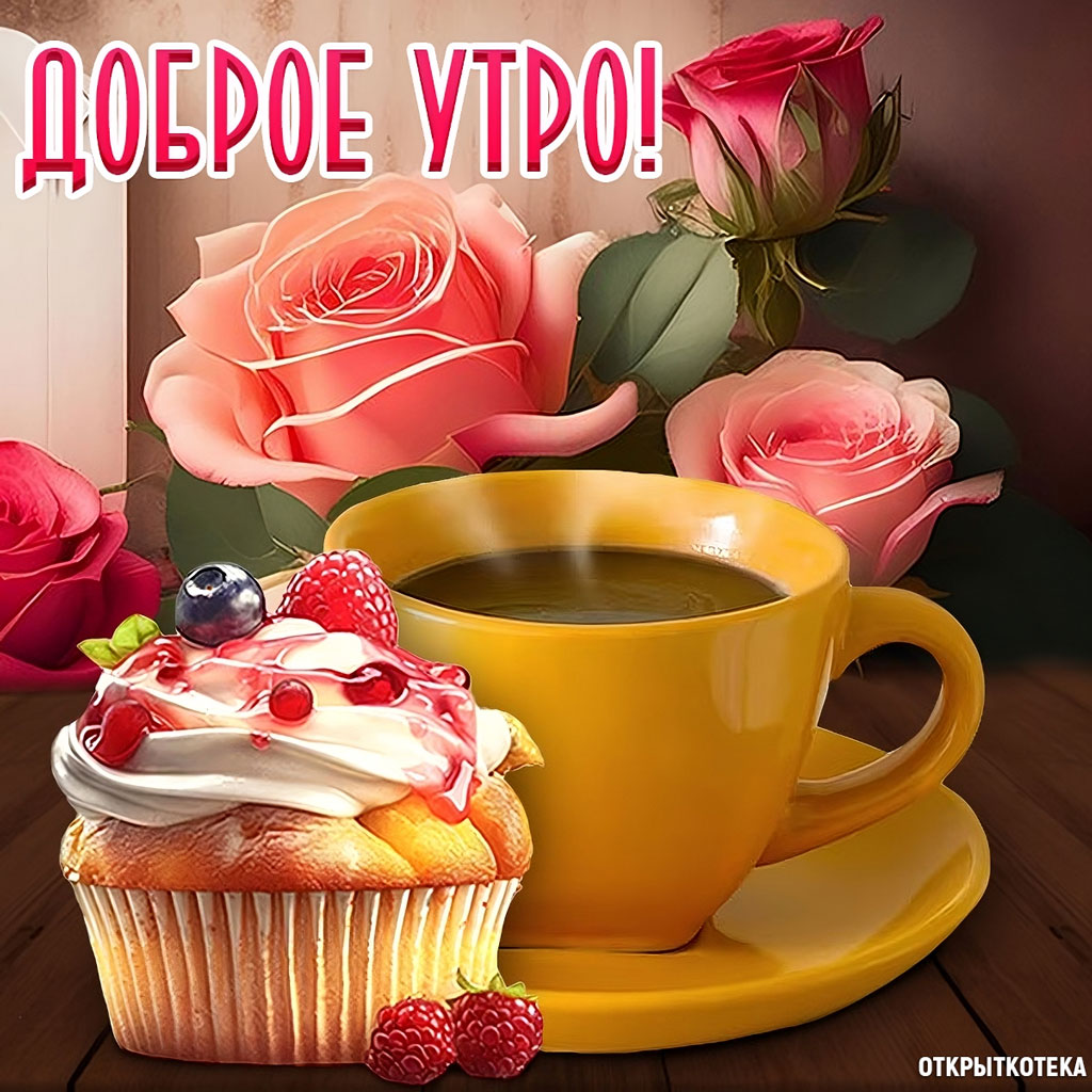 Открытка Доброе утро, жёлтая чашка с кофе, капкейк с ягодами, розовые розы.
