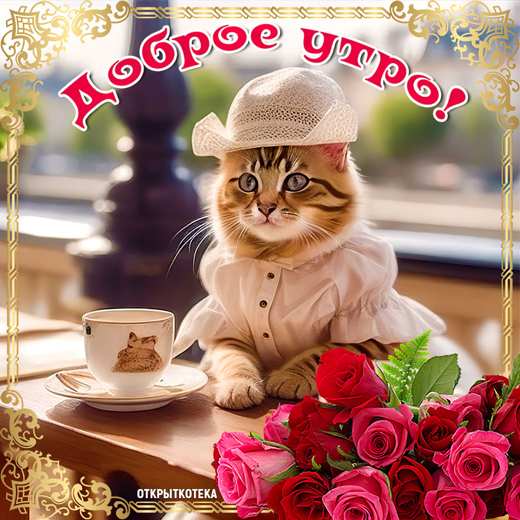 Открытка Доброе утро с кошечкой в шляпе и платье, с чашкой и с букетом роз.