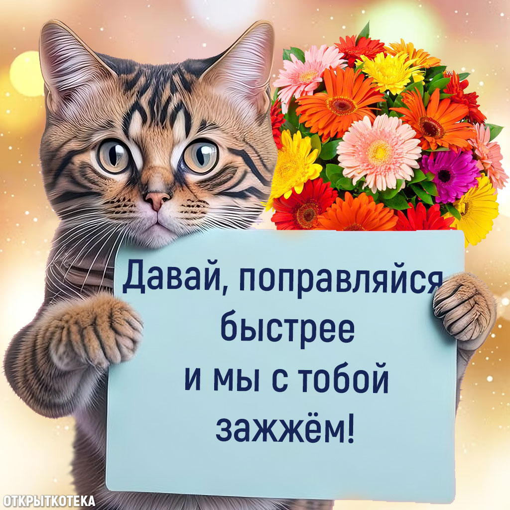 Открытка Давай, поправляйся! с котиком и букетом.