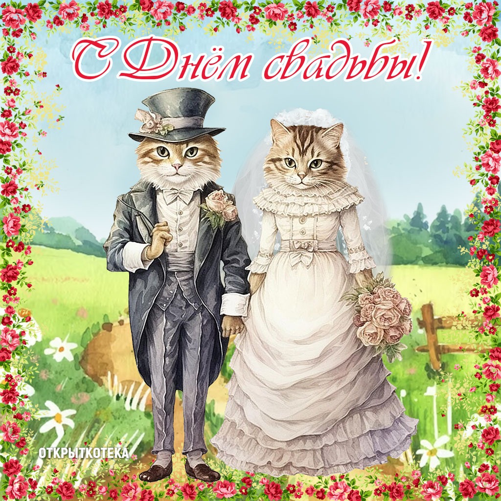 Открытка С Днём свадьбы, кот-жених и невеста-кошечка.