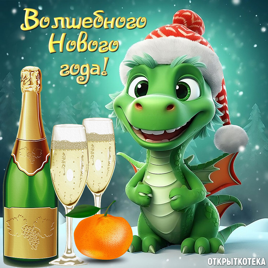 Открытка Волшебного Нового года с дракончиком и шампанским.
