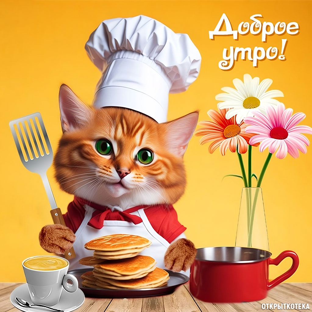 Открытка Доброе утро с мультяшным котиком в поварском колпаке с блинчиками и кофе.
