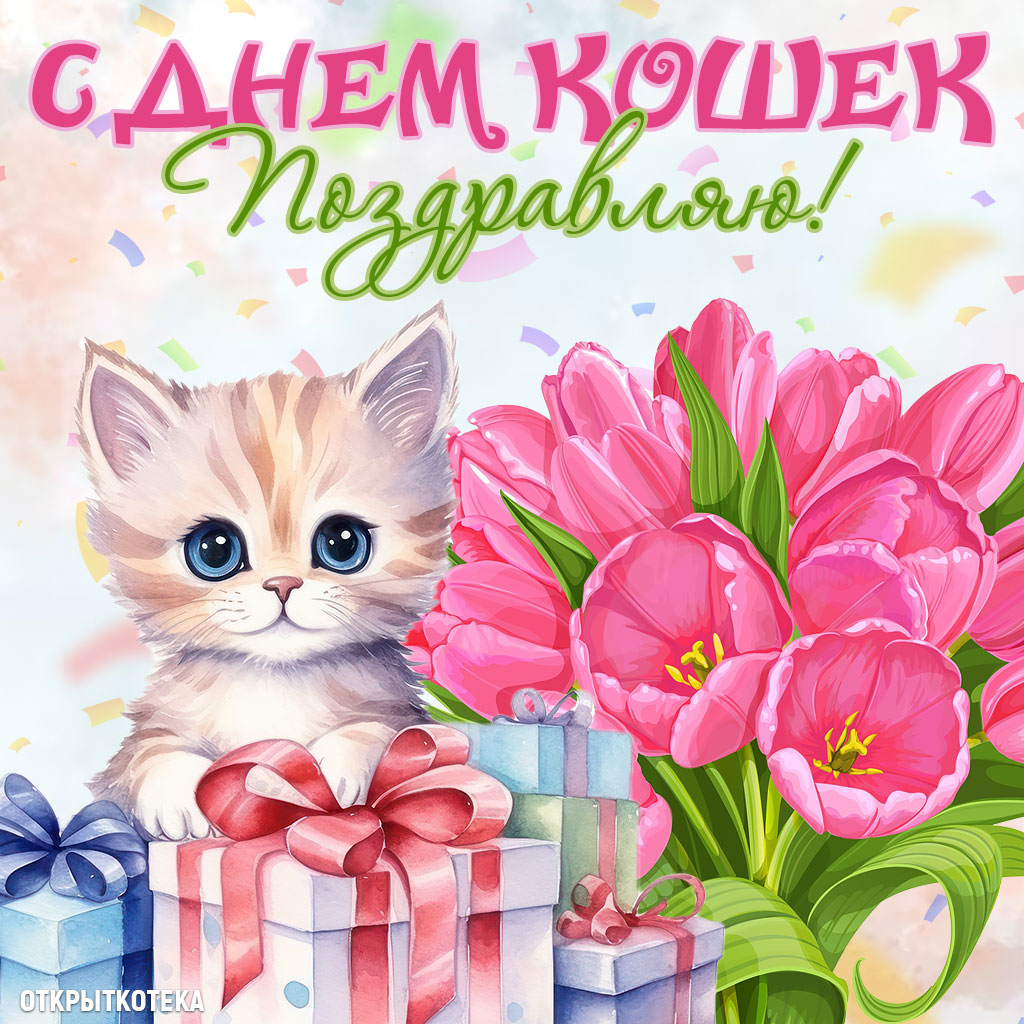 день кошек, открытка с котёнком и тюльпанами