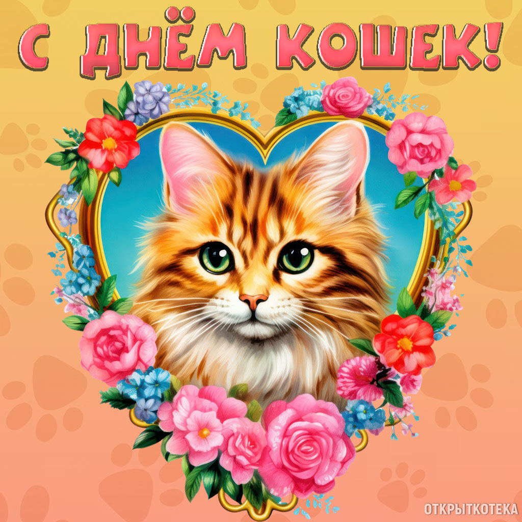 день кошек, открытка с рыжим котиком в рамке