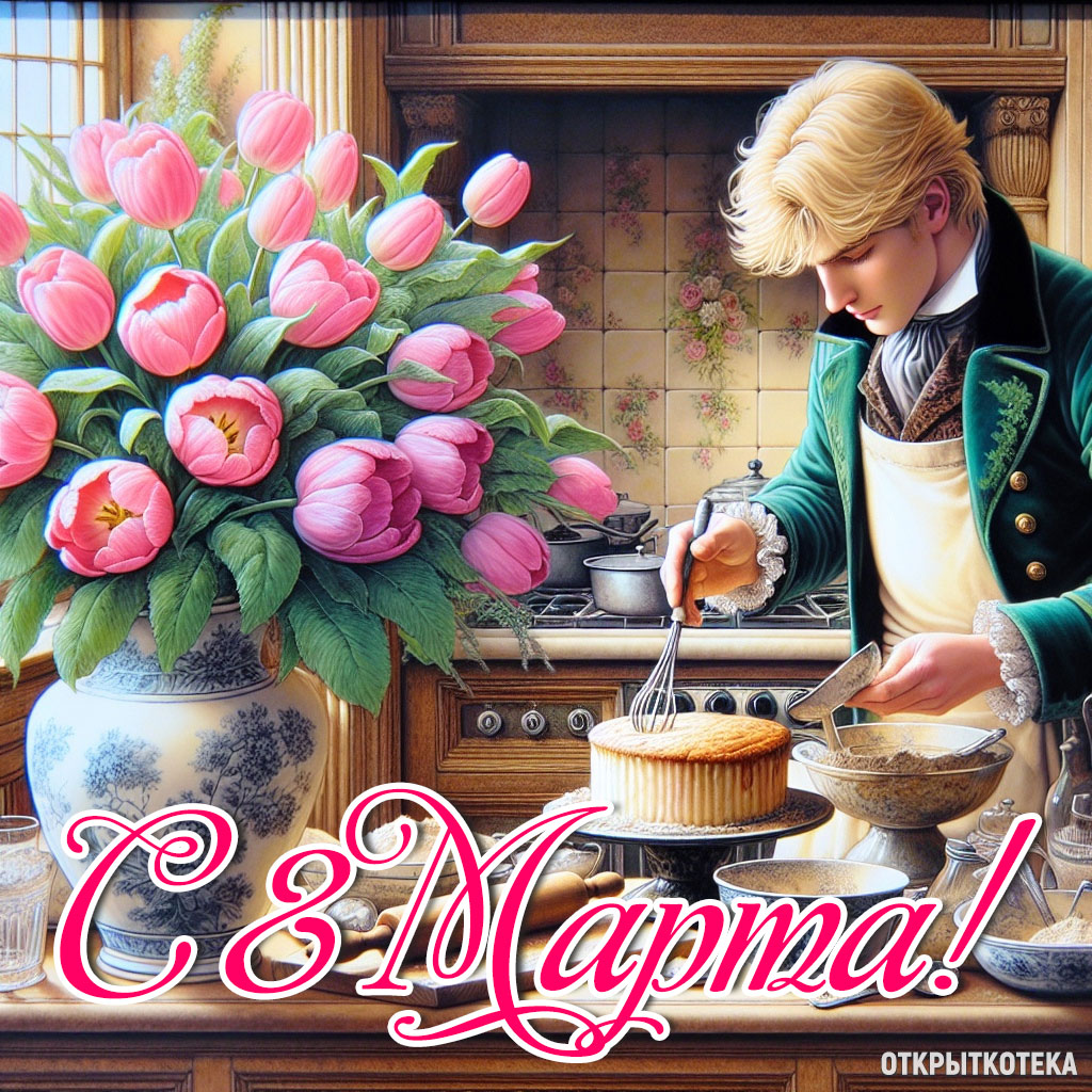 открытка 8 марта, кавалер печёт торт на кухне