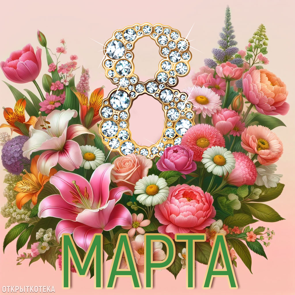 открытка 8 марта с яркими цветами и брильянтовой восьмёркой