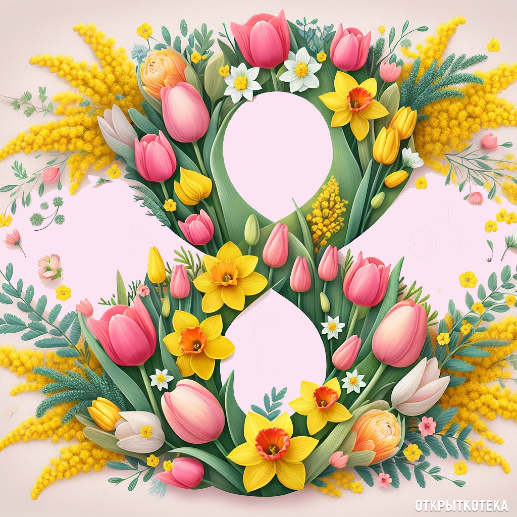 открытка 8 марта с тюльпанами и нарциссами в виде цифры 8