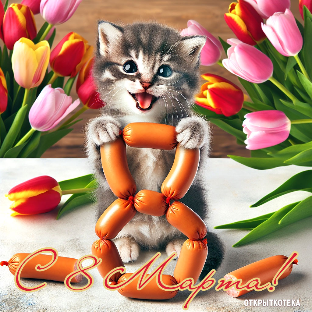 открытка с 8 марта с 8 из сосисок и котёнком