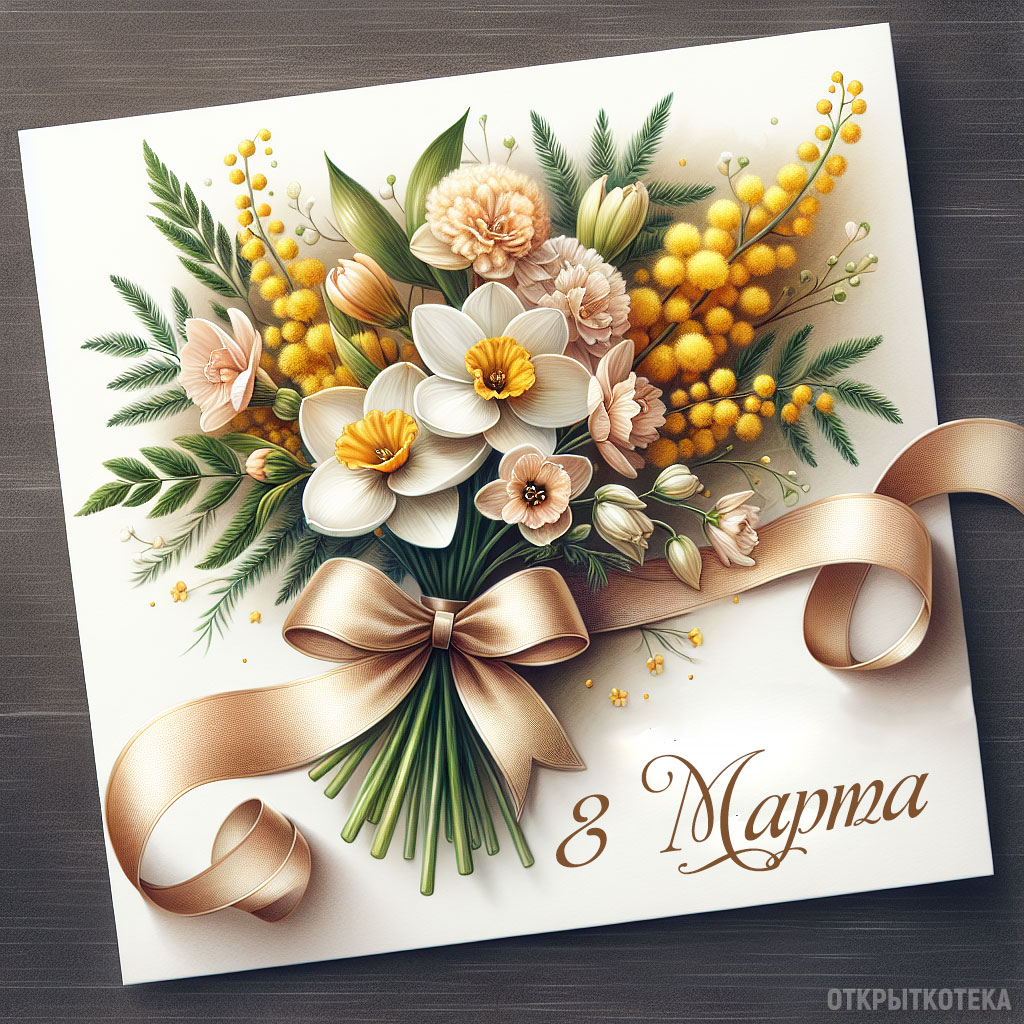 открытка с 8 марта с букетом весенних цветов