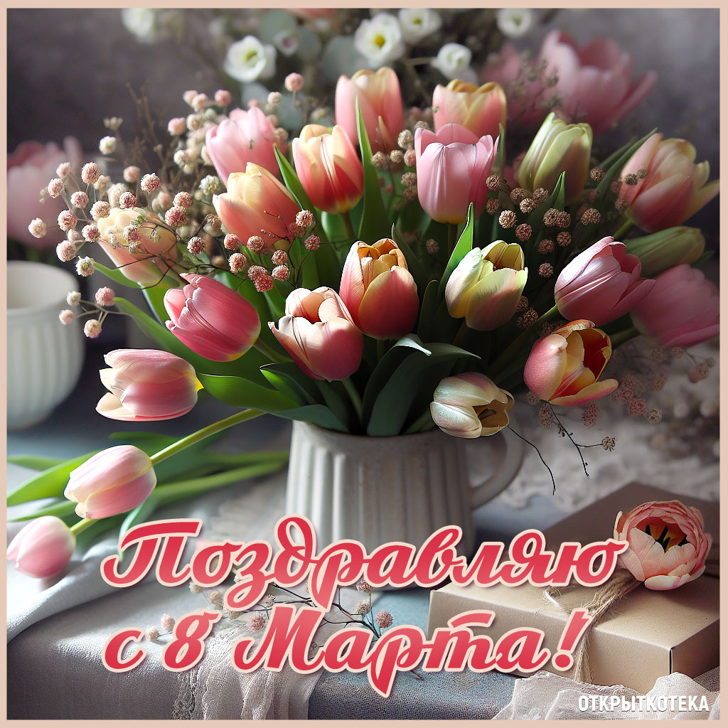открытка 8 марта с тюльпанами в вазе