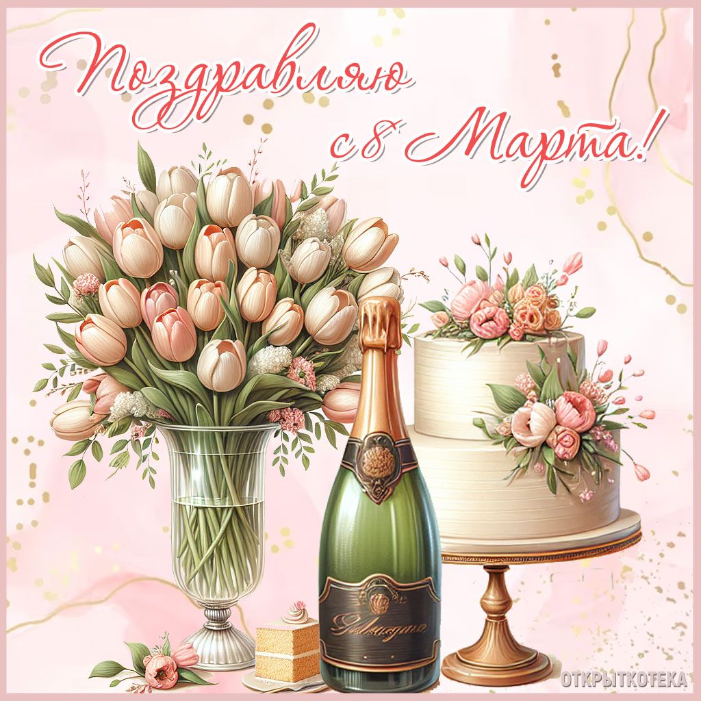 открытка 8 марта с тюльпанами в вазе, тортом и шампанским