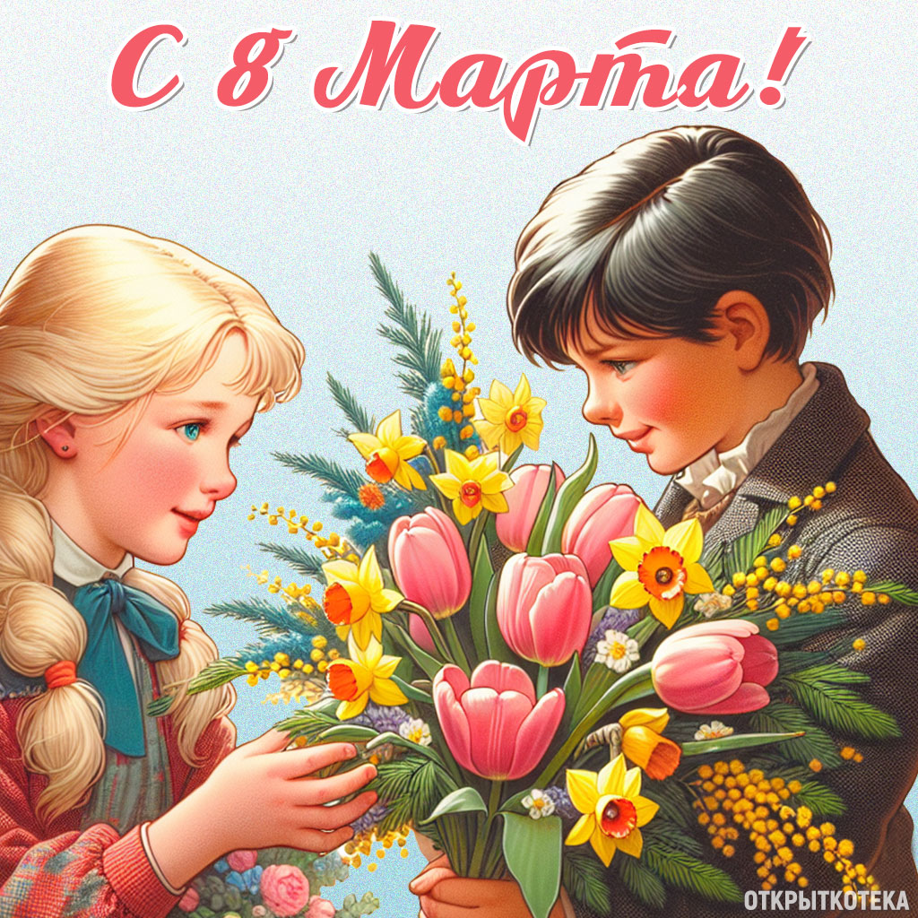 открытка с 8 марта, мальчик дарит девочке нарциссы и тюльпаны