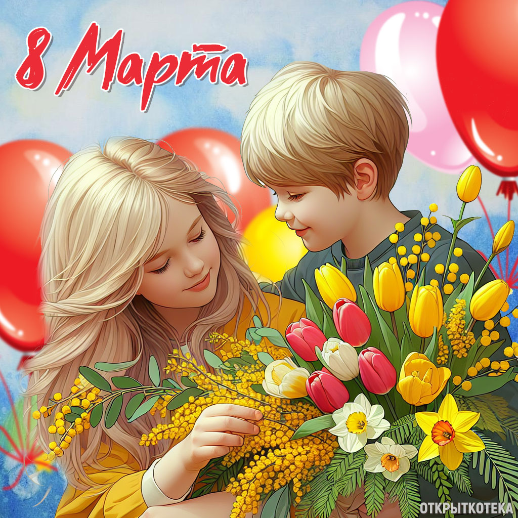 открытка с 8 марта, мальчик с девочкой и шарами