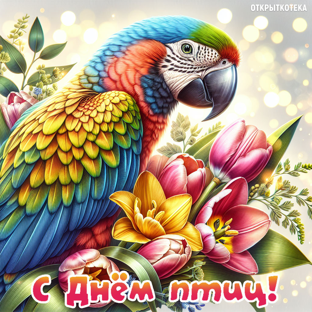 открытка с днём птиц с попугаем и цветами