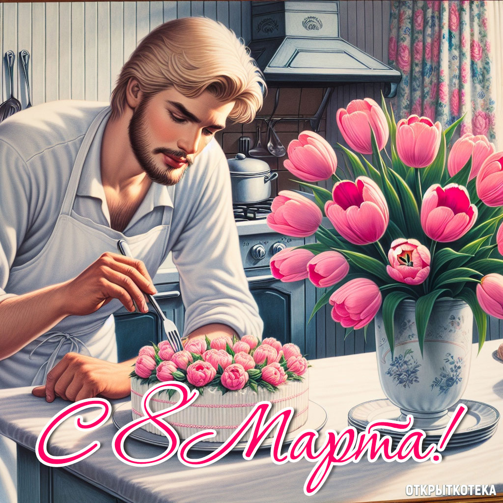 открытка с 8 марта, парень украшает торт цветами