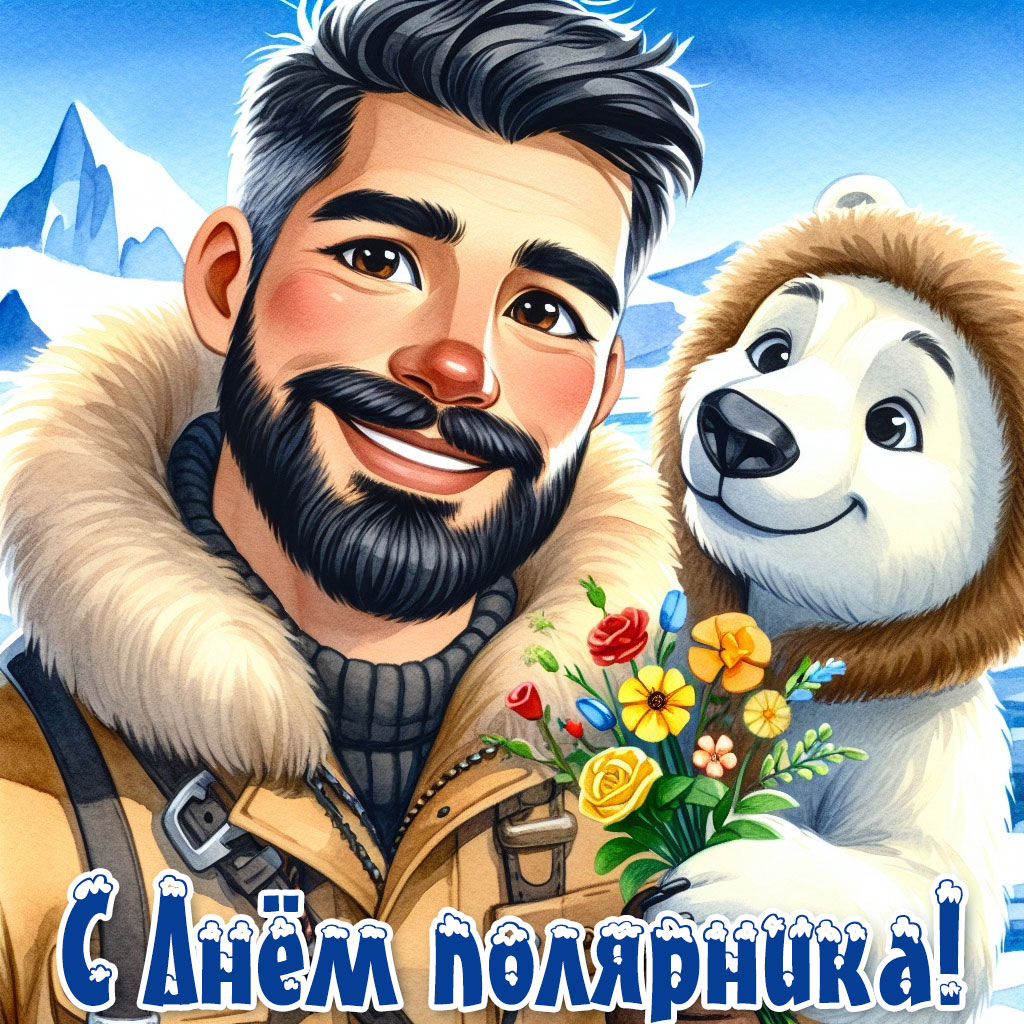 День полярника открытка, полярник и медведь с цветами