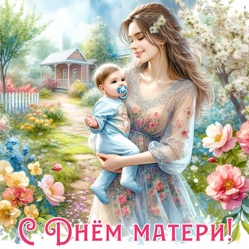 открытка с днём матери, молодая мама с младенцем