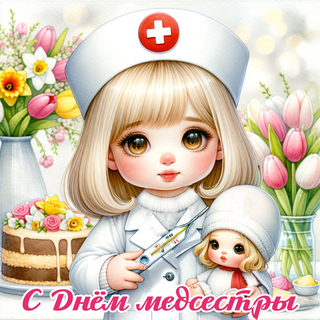 открытка с днем медсестры с мультяшной девочкой с градусником и куклой