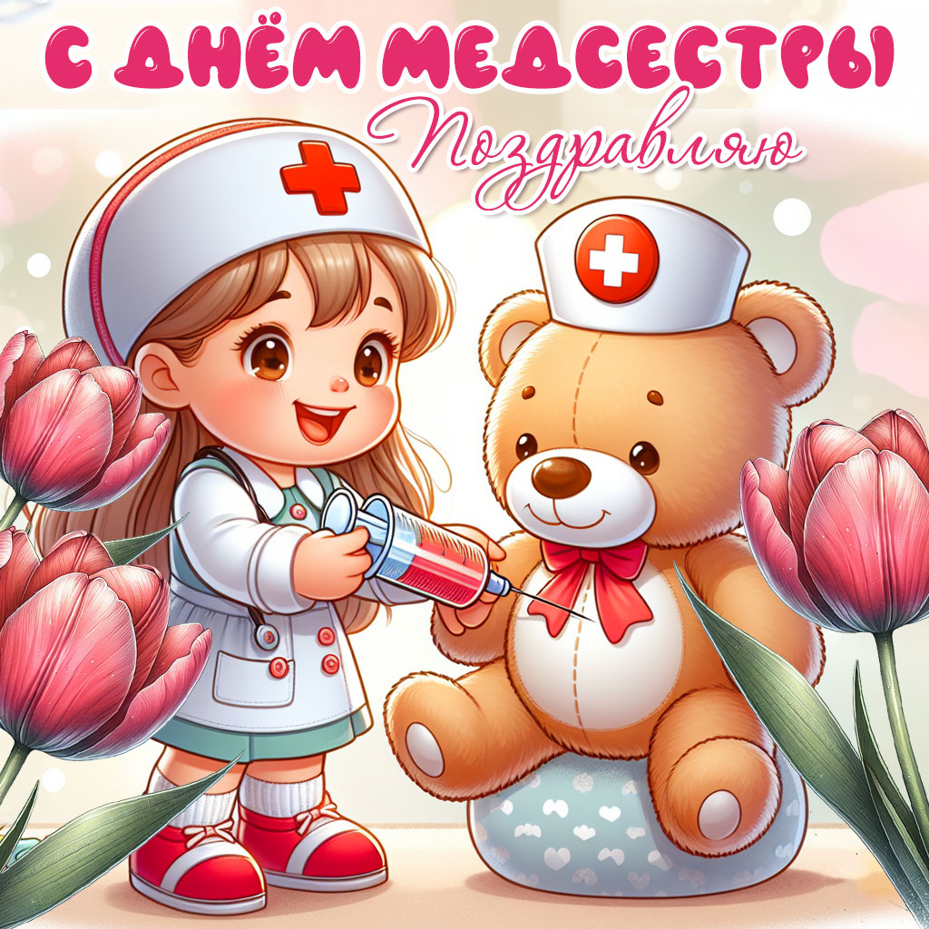 открытка с днем медсестры с мультяшной девочкой со шприцем и тюльпанами