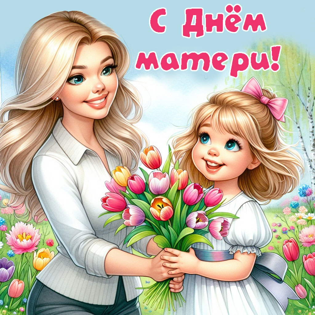 открытка с днём матери, девочка дарит тюльпаны маме