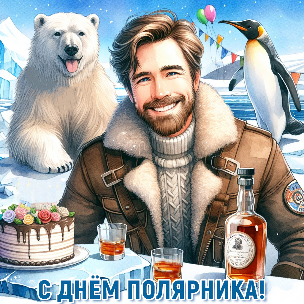 День полярника открытка с полярником, тортом и виски