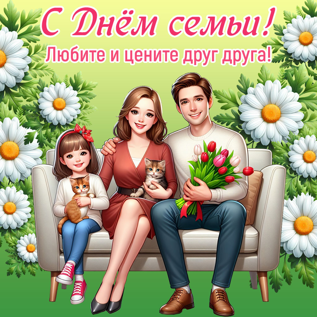 открытка с днем семьи с ромашками